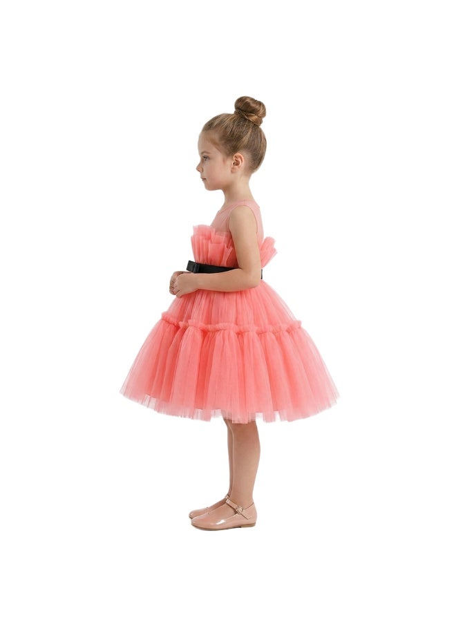 Bidani Tulle Tiered Party Dress with Black Velvet Sash - Image 2
