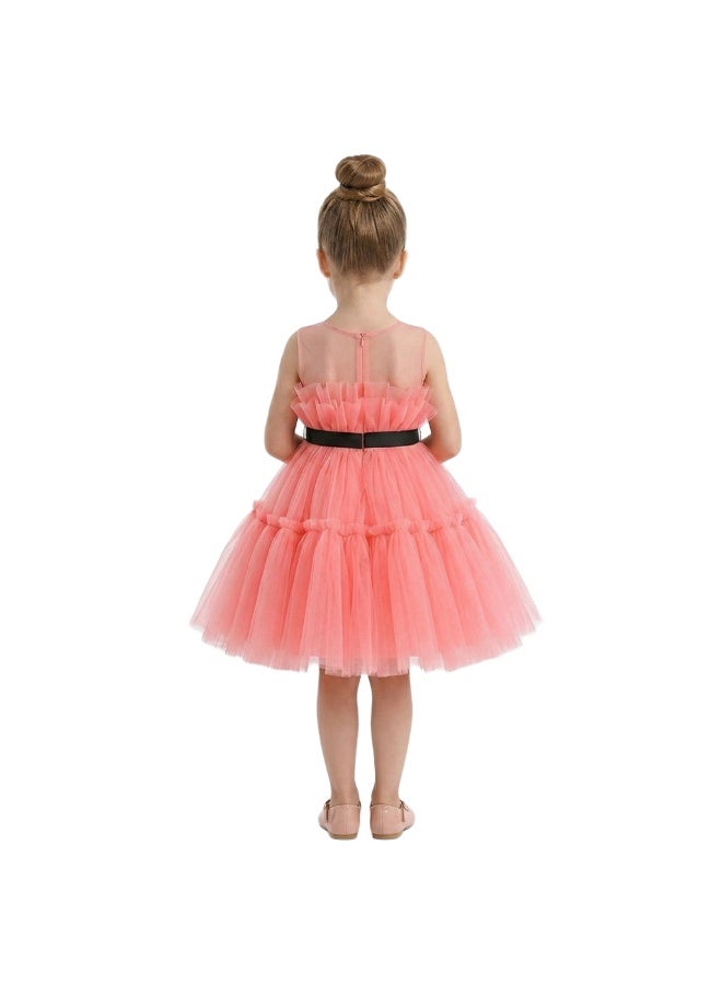 Bidani Tulle Tiered Party Dress with Black Velvet Sash - Image 3