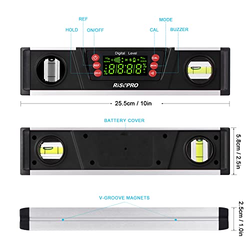 RISEPRO Digital Magnetic Level and Protractor - RISEPRO 10 Inches IP54 Protected Electronic Bubble Inclinometer, Angle Finder, Gauge w/Large VA Display & V-Groove Base DL135-B_US - Image 2