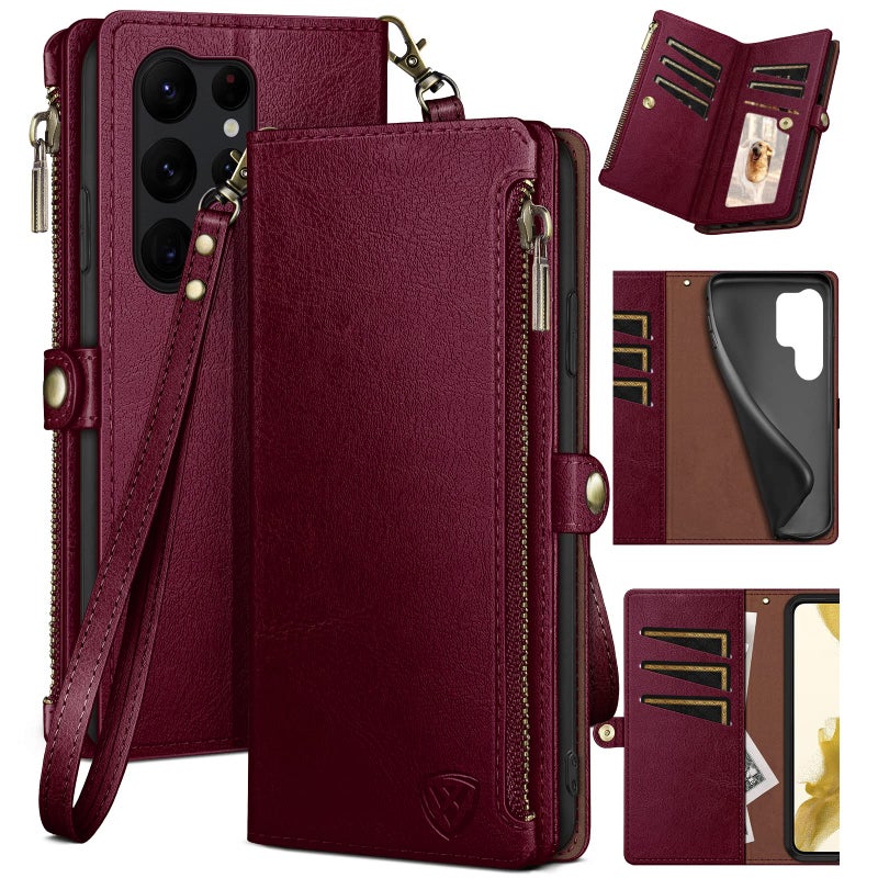 XcaseBar for Samsung Galaxy S24 Ultra Wallet case with Zipper Credit Card Holder RFID Blocking,Flip Folio Book PU Leather Shockproof Protective Cover Women Men for Samsung S24Ultra Phone case Wine Red - Image 1
