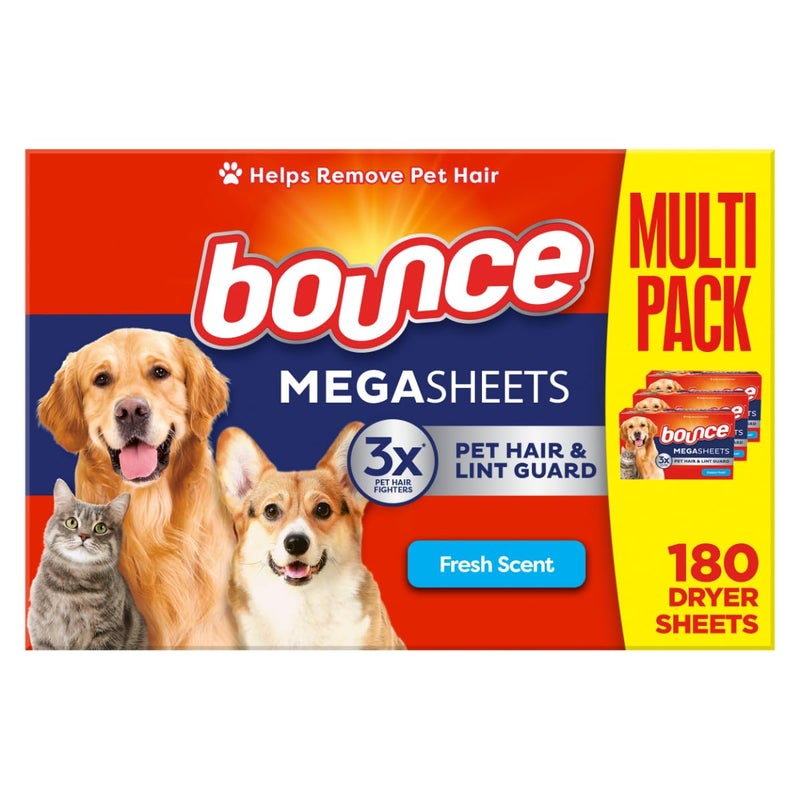 Bounce Pet Hair and Lint Guard Mega Dryer Sheets with 3X Pet Hair Fighters, Fresh Scent, 180 Count - Image 1