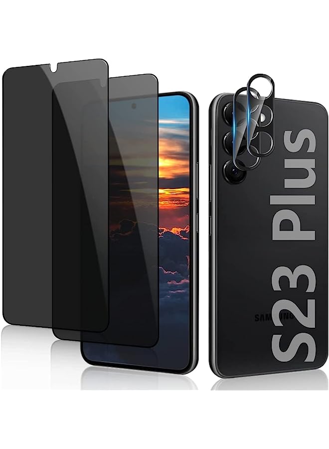 erorex [2+2 Pack] Compatible For Samsung Galaxy S23 Plus Screen Protector Film 2Pcs Privacy Tempered Glass Screen Protector + 2Pcs Camera Lens Film [9H Hardness] [ Full Coverage] [Anti-Fingerprints] - Image 1