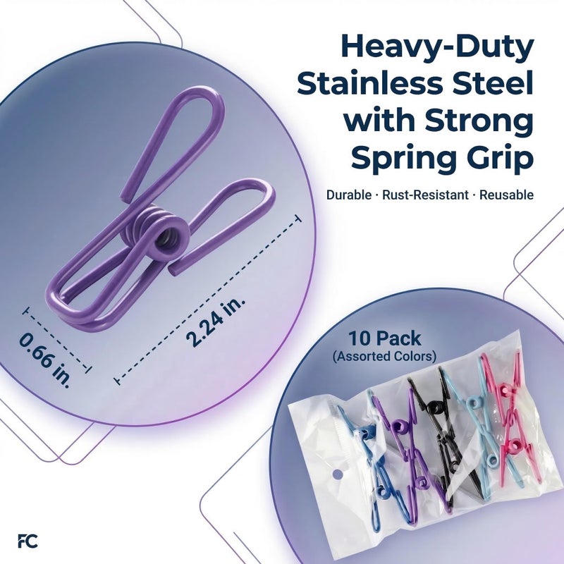 Fusionchaos 10 Pack Chip Clips, Bag Clips, Metal Clothes Pins | Heavy Duty PVC-Coated Food Clips for Kitchen, Laundry & Strong Paper Clips for Office | Waterproof Durable Vibrant Utility | Assorted Random Colors - Image 2