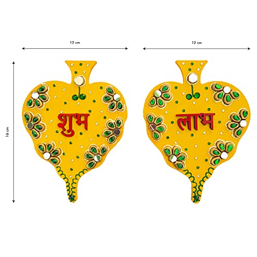 Ritwika's Handcrafted Yellow Pipal Leaf Shaped Wooden Decorative Shubh Labh Pair for Home/Office/Shop Entrance & House Warming | Size 12 x 16 Centimetres, Set of 2 (Yellow) - Image 3