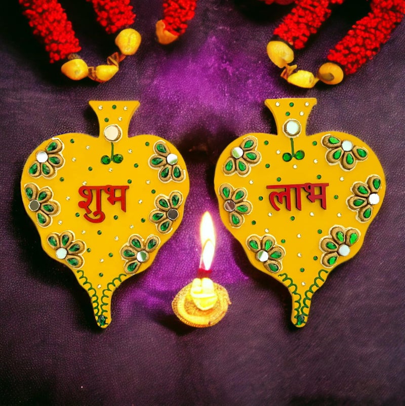 Ritwika's Handcrafted Yellow Pipal Leaf Shaped Wooden Decorative Shubh Labh Pair for Home/Office/Shop Entrance & House Warming | Size 12 x 16 Centimetres, Set of 2 (Yellow) - Image 2