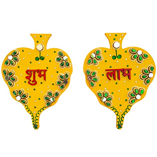 Ritwika's Handcrafted Yellow Pipal Leaf Shaped Wooden Decorative Shubh Labh Pair for Home/Office/Shop Entrance & House Warming | Size 12 x 16 Centimetres, Set of 2 (Yellow) - Image 1