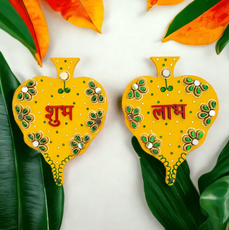 Ritwika's Handcrafted Yellow Pipal Leaf Shaped Wooden Decorative Shubh Labh Pair for Home/Office/Shop Entrance & House Warming | Size 12 x 16 Centimetres, Set of 2 (Yellow) - Image 4