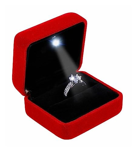 Omeet Velvet Metal Glossy with LED Jewelry Gift Box for Proposal, Engagement, Wedding - Easy to fit into Your Pocket or Handbag - Red - Image 1