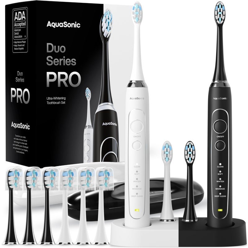 Aquasonic Duo Series PRO UltraWhitening Electric Toothbrush Set 5 Modes Smart Timers Premium Travel Cases 10 Proflex Brush Heads ADA Accepted Toothbrushes