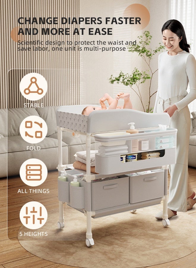 Soft Touch Baby Diaper Changing Table with Wheels, Baby Changing Organizer, Foldable Infant Diaper Station, Nursery Organizer for Newborns, Babies Dresser Changing Table with Storage Rack, Strengthen Structure and Adjustable Height - Image 3