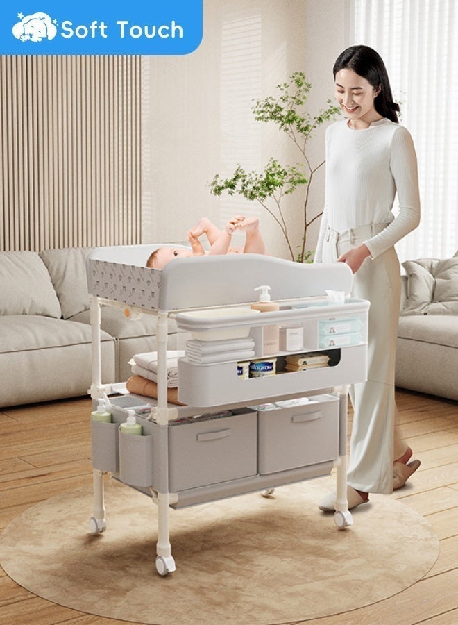 Soft Touch Baby Diaper Changing Table with Wheels, Baby Changing Organizer, Foldable Infant Diaper Station, Nursery Organizer for Newborns, Babies Dresser Changing Table with Storage Rack, Strengthen Structure and Adjustable Height - Image 1