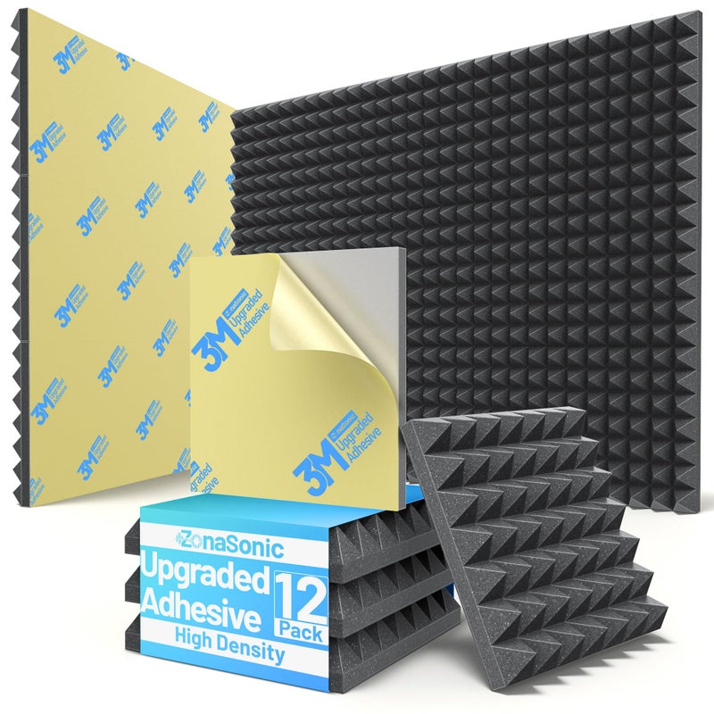 ZonaSonic 12 Pack Pyramid Sound Proof Foam Panels for Walls with Updated Self-Adhesive 2"X12"X12" High Density Acoustic Panels Sound Absorbing Fast-Expanding Soundproof Wall Panels for Gaming Studio Decor-Black - Image 1