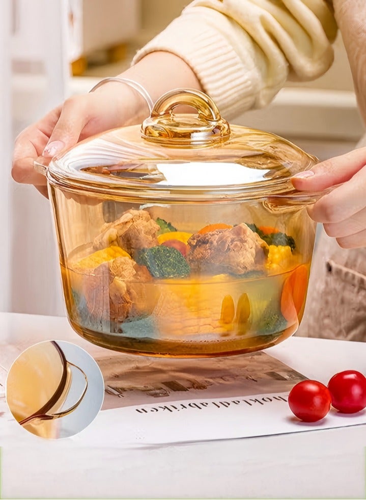 High Borosilicate Amber Glass Cooking Pot, Large Capacity Glass Saucepan, Glass Cookware with Handle,Multi Purpose Kitchen Utensils, for Pasta, Stew, Milk, Salad, Baby Food, 2500ml - Image 1
