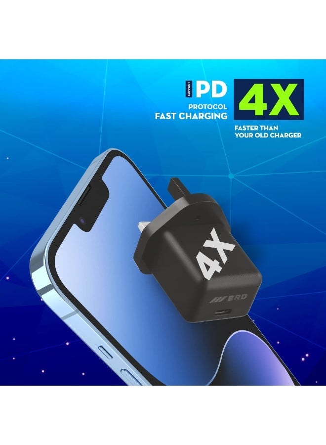 ERD شاحن سريع ERD بقوة 20 واط بتقنية PD، محول طاقة USB من النوع C | شحن سريع بمنفذ واحد | حماية من قصر الدائرة والحمل الزائد | متوافق مع أجهزة سامسونج جالاكسي S25، S24، S23، سلسلة A، وغيرها من أجهزة USB-C - Image 3