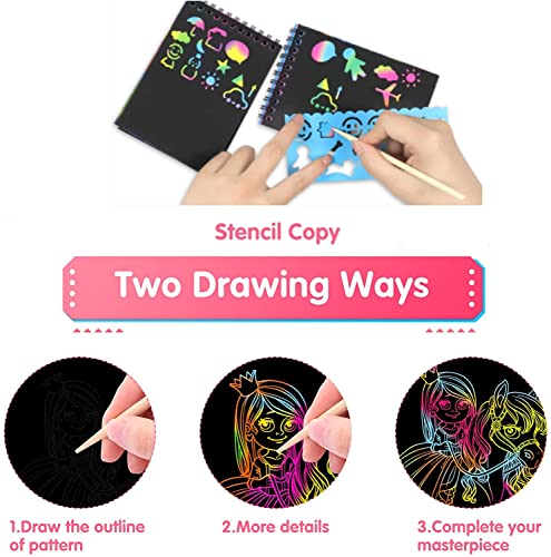 Kitoyz 16 Pack Drawing Notebook Set, Scratch Art Paper Rainbow Mini Notes, Sketch Drawing Pad for Kids Party Favors（with 16 Wooden Stylus & 4 Drawing Stencils） - Image 4