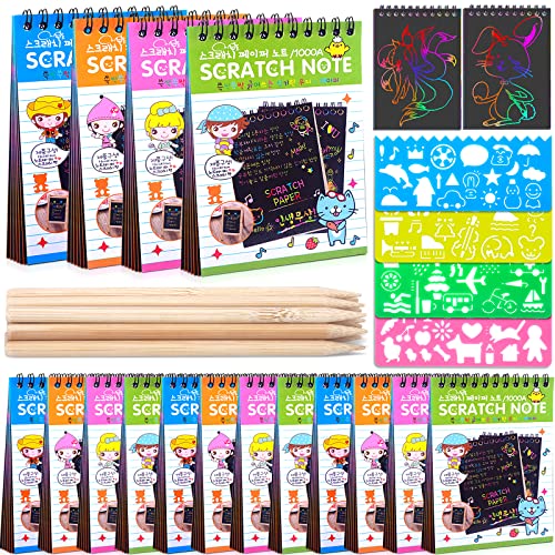 Kitoyz 16 Pack Drawing Notebook Set, Scratch Art Paper Rainbow Mini Notes, Sketch Drawing Pad for Kids Party Favors（with 16 Wooden Stylus & 4 Drawing Stencils） - Image 1