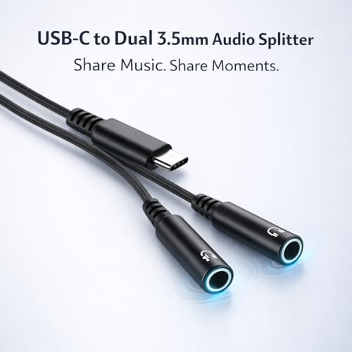 Mizi USB C to Dual 3.5mm Headphone Splitter, 2-Port Audio Adapter for iPhone 15/16/17 Pro, Galaxy S24/S25 Ultra, Pixel, iPad Pro - Share Music & Podcasts - Black - Image 2