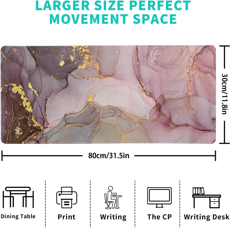 Brecoy Rose Gold Marble Mouse Pad Abstract Pink Desk Mat 31.5x11.8 Inch Marbled Texture Non-Slip Rubber Base Mice Pad Extended Large Mouse Mat Desk Pad Stitched Edges Keyboard Mouse Mat Desk Pad - Image 4