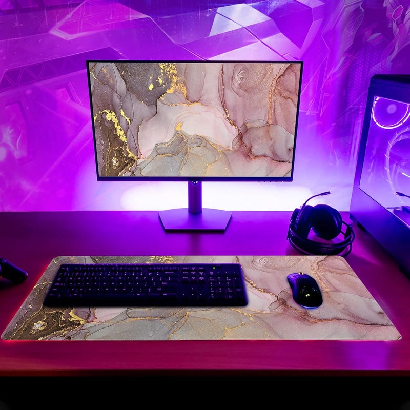 Brecoy Rose Gold Marble Mouse Pad Abstract Pink Desk Mat 31.5x11.8 Inch Marbled Texture Non-Slip Rubber Base Mice Pad Extended Large Mouse Mat Desk Pad Stitched Edges Keyboard Mouse Mat Desk Pad - Image 3