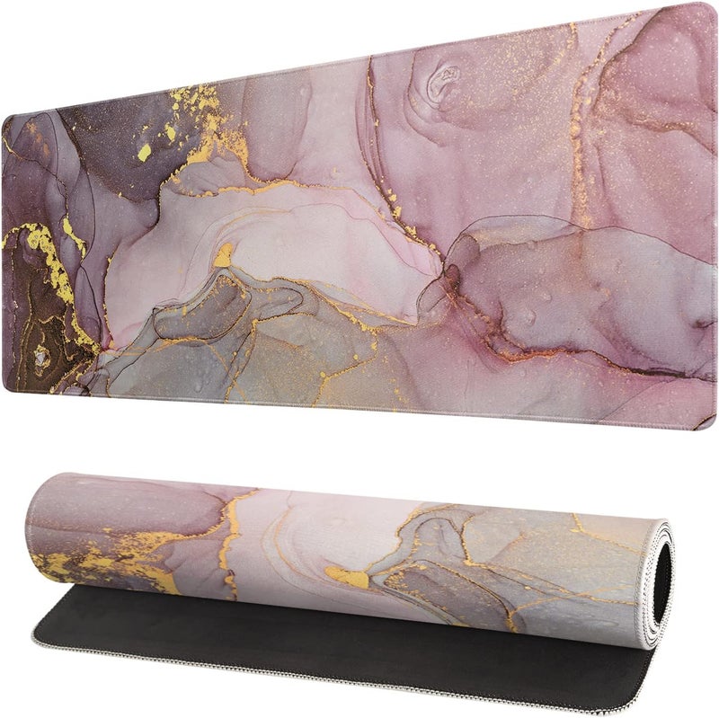 Brecoy Rose Gold Marble Mouse Pad Abstract Pink Desk Mat 31.5x11.8 Inch Marbled Texture Non-Slip Rubber Base Mice Pad Extended Large Mouse Mat Desk Pad Stitched Edges Keyboard Mouse Mat Desk Pad - Image 1