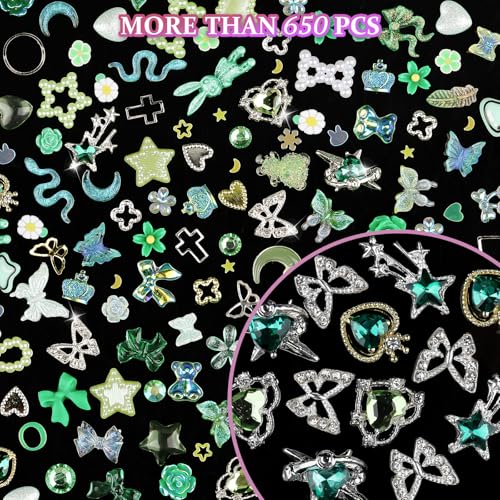 editTime 650pcs Mixed 3D Nail Charms Kit, 12pcs Luxury Metal Nail Rhinestones and 250pcs Resin Butterfly Flower Star Heart Bow Charms with 400pcs Flatback Pearls Rhinestone Metal Gems Charms (Green) - Image 5
