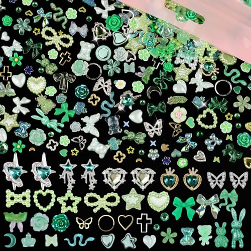 editTime 650pcs Mixed 3D Nail Charms Kit, 12pcs Luxury Metal Nail Rhinestones and 250pcs Resin Butterfly Flower Star Heart Bow Charms with 400pcs Flatback Pearls Rhinestone Metal Gems Charms (Green) - Image 2