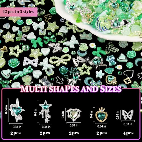 editTime 650pcs Mixed 3D Nail Charms Kit, 12pcs Luxury Metal Nail Rhinestones and 250pcs Resin Butterfly Flower Star Heart Bow Charms with 400pcs Flatback Pearls Rhinestone Metal Gems Charms (Green) - Image 3