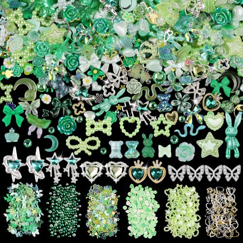 editTime 650pcs Mixed 3D Nail Charms Kit, 12pcs Luxury Metal Nail Rhinestones and 250pcs Resin Butterfly Flower Star Heart Bow Charms with 400pcs Flatback Pearls Rhinestone Metal Gems Charms (Green) - Image 1