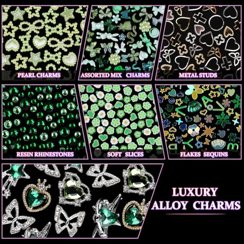 editTime 650pcs Mixed 3D Nail Charms Kit, 12pcs Luxury Metal Nail Rhinestones and 250pcs Resin Butterfly Flower Star Heart Bow Charms with 400pcs Flatback Pearls Rhinestone Metal Gems Charms (Green) - Image 4
