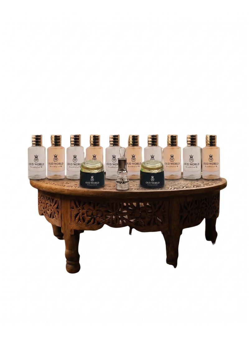 Oud World family combo , Include 10 premium 50ml inspired fragrances, 2 boxes of aromatic Bakhoor, and 1 bottle of 12ml concentrated Attar oil, love variety and long-lasting scents - Image 1