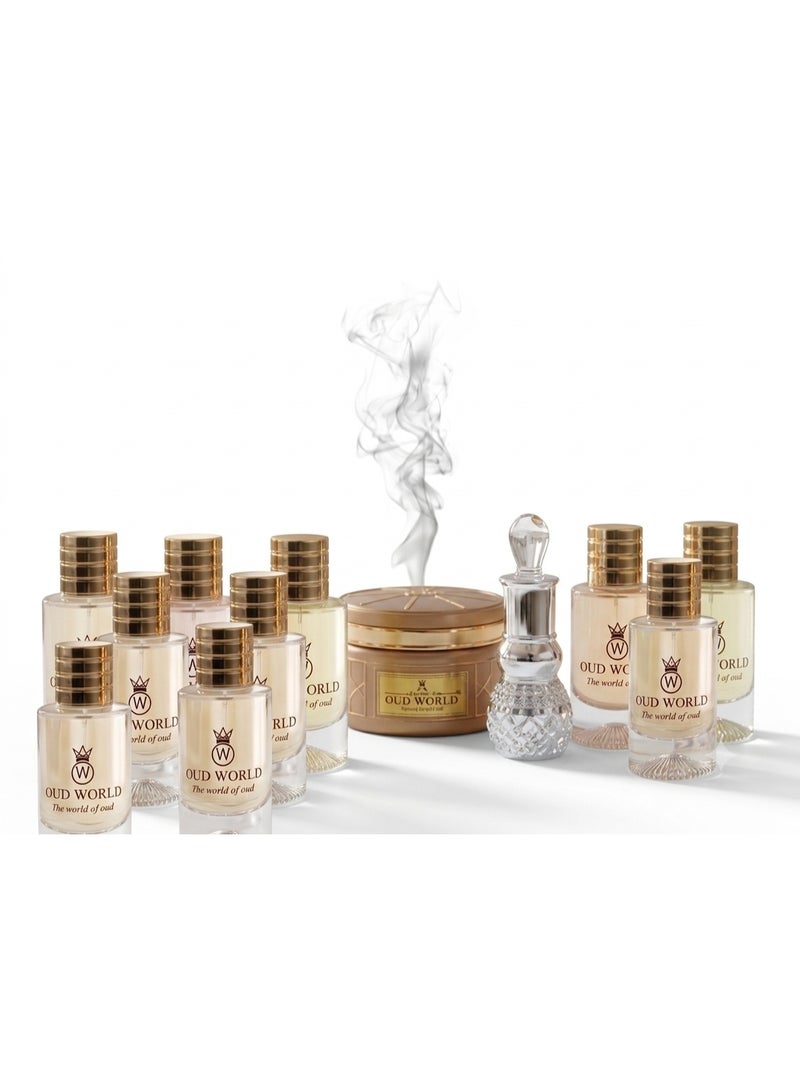 Oud World family combo , Include 10 premium 50ml inspired fragrances, 1 boxes of aromatic Bakhoor, and 1 bottle of 12ml concentrated Attar oil, love variety and long-lasting scents - Image 1