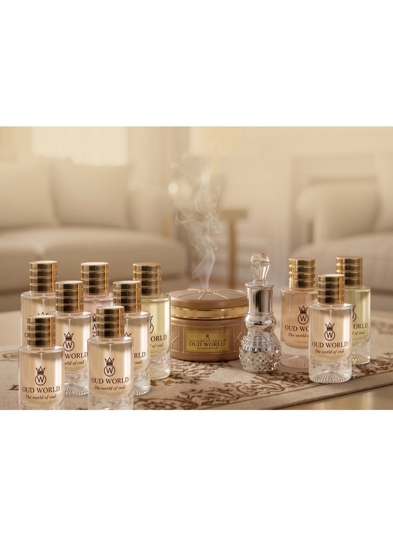 Oud World family combo , Include 10 premium 50ml inspired fragrances, 1 boxes of aromatic Bakhoor, and 1 bottle of 12ml concentrated Attar oil, love variety and long-lasting scents - Image 2