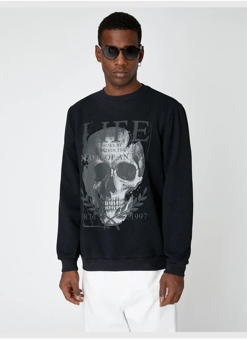 KOTON Skull Printed Sweatshirt Crew Neck