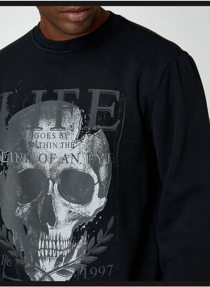 KOTON Skull Printed Sweatshirt Crew Neck