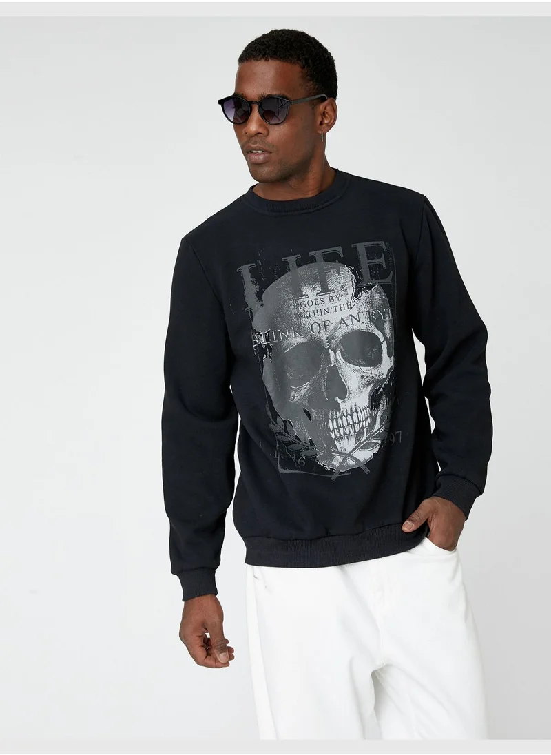 KOTON Skull Printed Sweatshirt Crew Neck