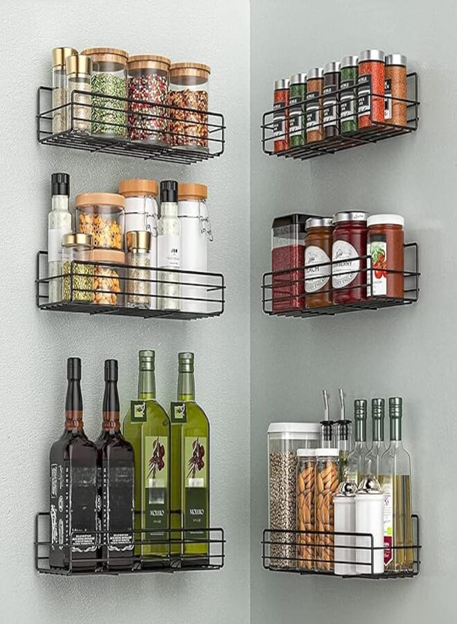 Moforoco Spice Rack Organizer Wall Mount (6Pack), Hanging Black Spice Pantry Organization Storage Shelf, Farmhouse Seasoning Organizer, Flexible Wall Shelves Decor Kitchen Essentials Home Organization