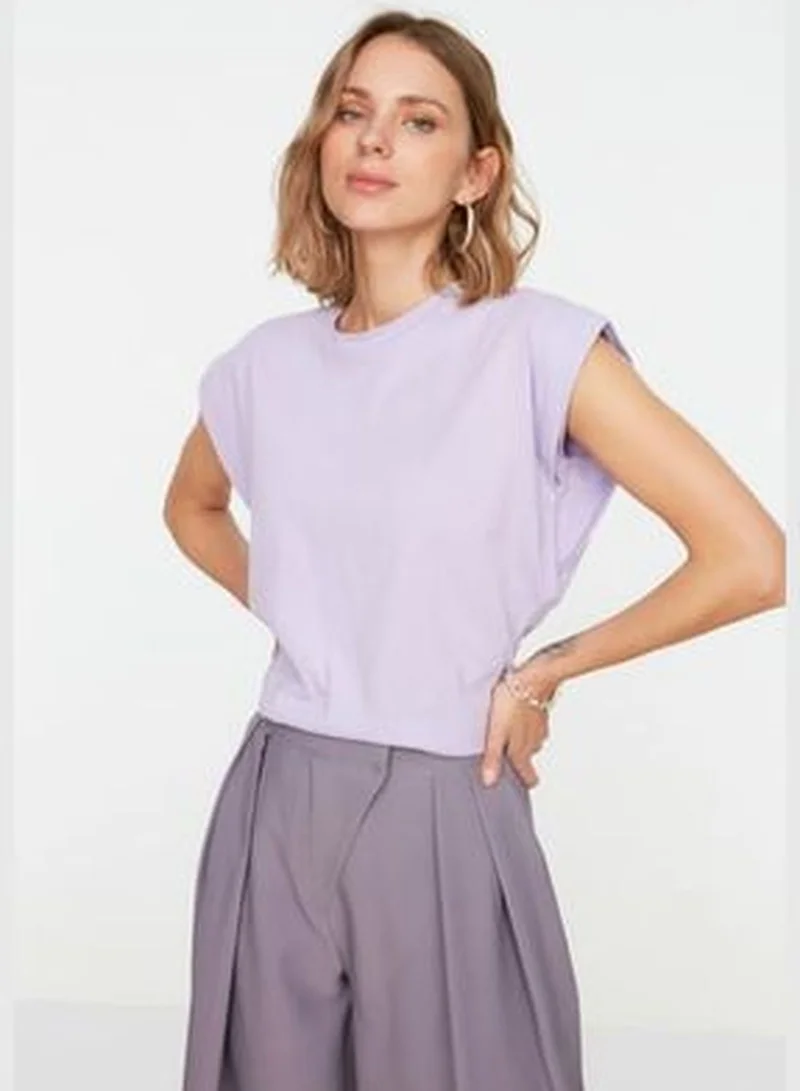 trendyol Lilac 100% Cotton Padded Basic Crew Neck Knitted T-Shirt TWOSS20TS0021
