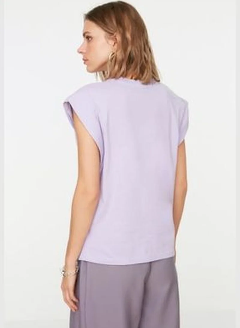 trendyol Lilac 100% Cotton Padded Basic Crew Neck Knitted T-Shirt TWOSS20TS0021