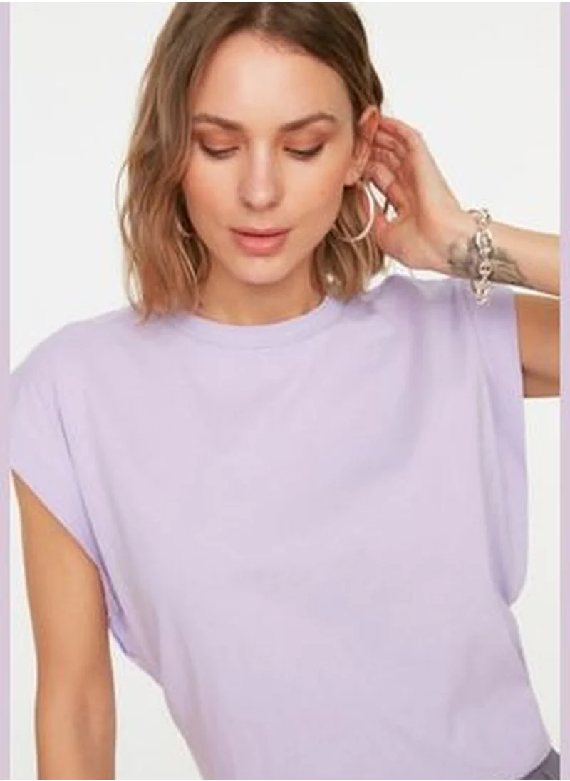 trendyol Lilac 100% Cotton Padded Basic Crew Neck Knitted T-Shirt TWOSS20TS0021