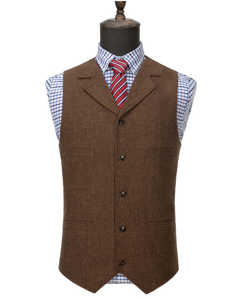 Ceehuteey Mens Classic Wool Tweed Suit Vest Casual Sleeveless Jacket Herringbone Waistcoat for Tuxedos(Brown,Large) - Image 2