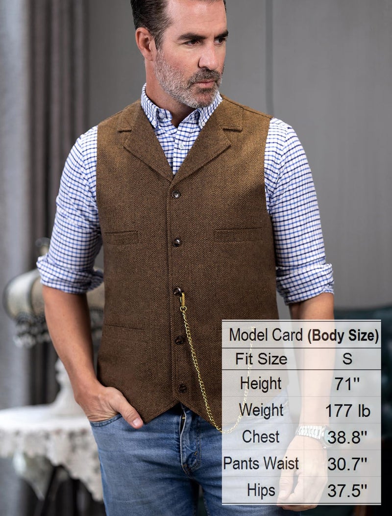Ceehuteey Mens Classic Wool Tweed Suit Vest Casual Sleeveless Jacket Herringbone Waistcoat for Tuxedos(Brown,Large) - Image 3