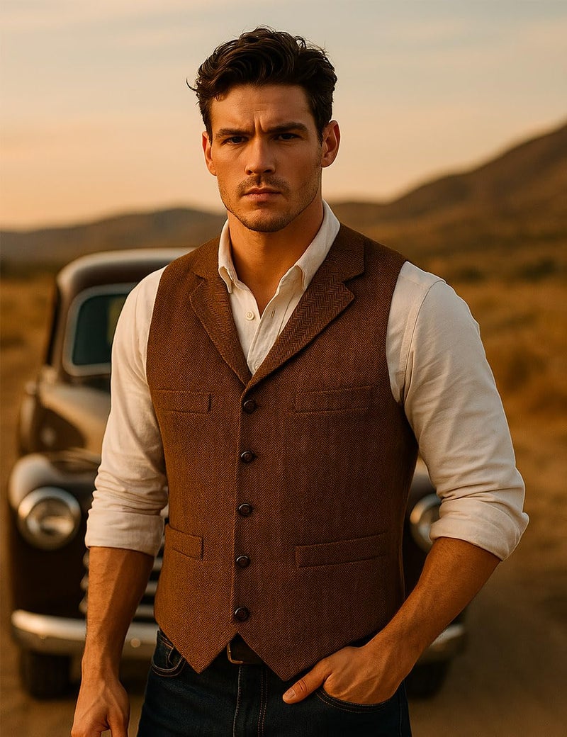 Ceehuteey Mens Classic Wool Tweed Suit Vest Casual Sleeveless Jacket Herringbone Waistcoat for Tuxedos(Brown,Large) - Image 5