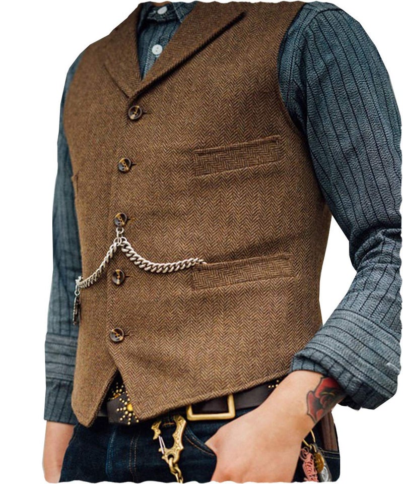 Ceehuteey Mens Classic Wool Tweed Suit Vest Casual Sleeveless Jacket Herringbone Waistcoat for Tuxedos(Brown,Large) - Image 1