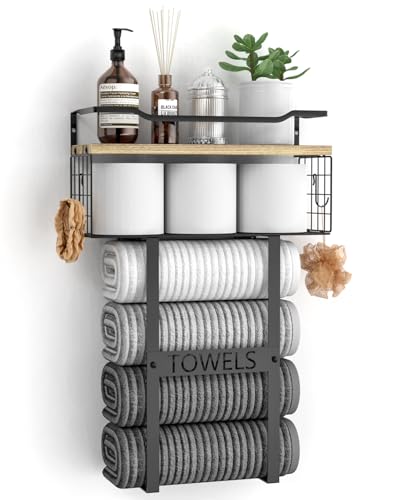 Aetyord Towel Racks for Bathroom Wall Mounted Bath Wall Towel Holder Set Above Toilet Storage Rolled Towel Shelf Organizer for Small Bathroom Wood Vertical Towel Rack for Bathroom Wall Decor - Image 1