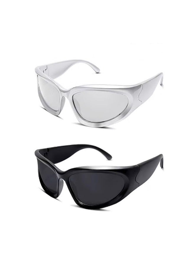 2 Pairs Y2K Wrap Around Sunglasses Sports Futuristic Oval Glasses for Women Men Trendy Fashion Shades Silver - Image 1