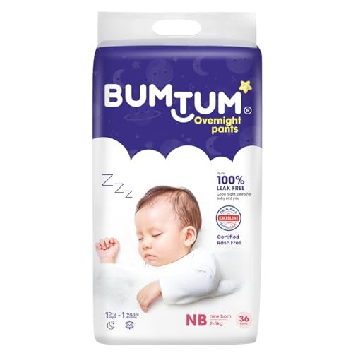 Bumtum Baby Overnight Diaper Pants - Size NB (2-5 kg), 36 Count | All night Absorption with Pillow Soft Comfort | No Leak | 100% Rashfree | With soothing Chamomile Microbial Layer | Pack of 1 - Image 1