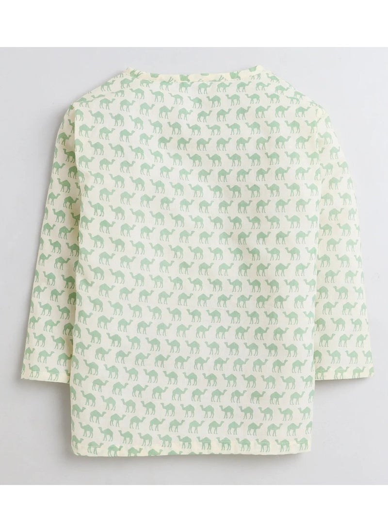 Polka Tots Polka Tots Full Sleeves Night Wear Camel Kurta Pyjama - Green  - Image 3