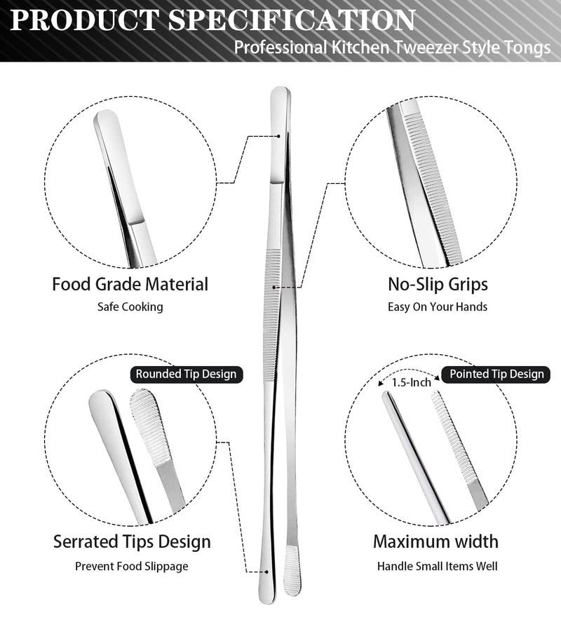 JETKONG 2 Pcs 12-Inch Cooking Tweezers Stainless Steel, Straight Food Tweezers, Professional Kitchen Tweezer/Forceps for Cooking Repairing and BBQ (12-Inch, Silver) - Image 2