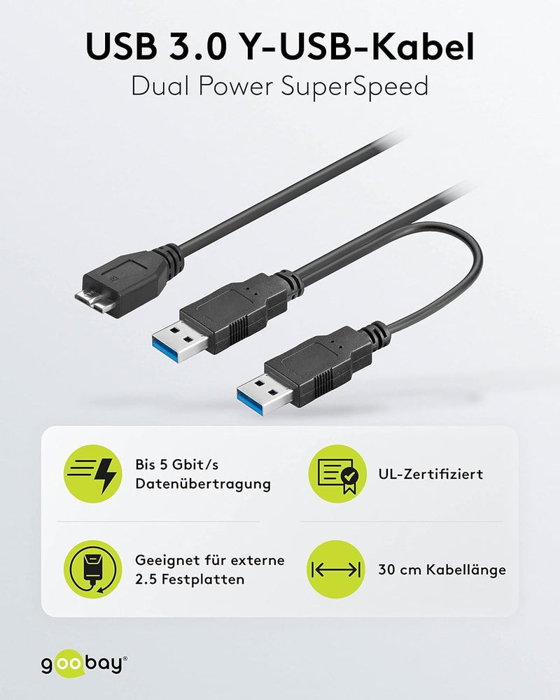 Goobay كابل 95746 USB 3.0 مزدوج الطاقة فائق السرعة، أسود، طول 0.3 متر - Image 2