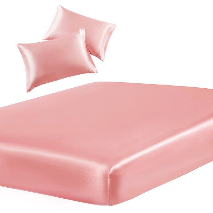 3PIECE SET SATIN FULL FITTED SHEET 2 PILLOWCASE BLUSH PINK SILKY SOFT FITTED BOTTOM SHEET WRINKLE FREE FADE RESISTANT DEEP POCKET BED SHEET DEEP UP TO 15